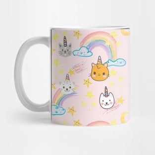 Unicorn Cats Pattern With Rainbows, Stars, Crescent moons and Clouds Graphic illustrations Mug